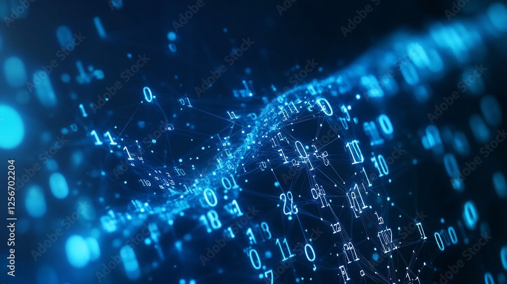 Poster abstract blue digital data stream with glowing numbers and connections.