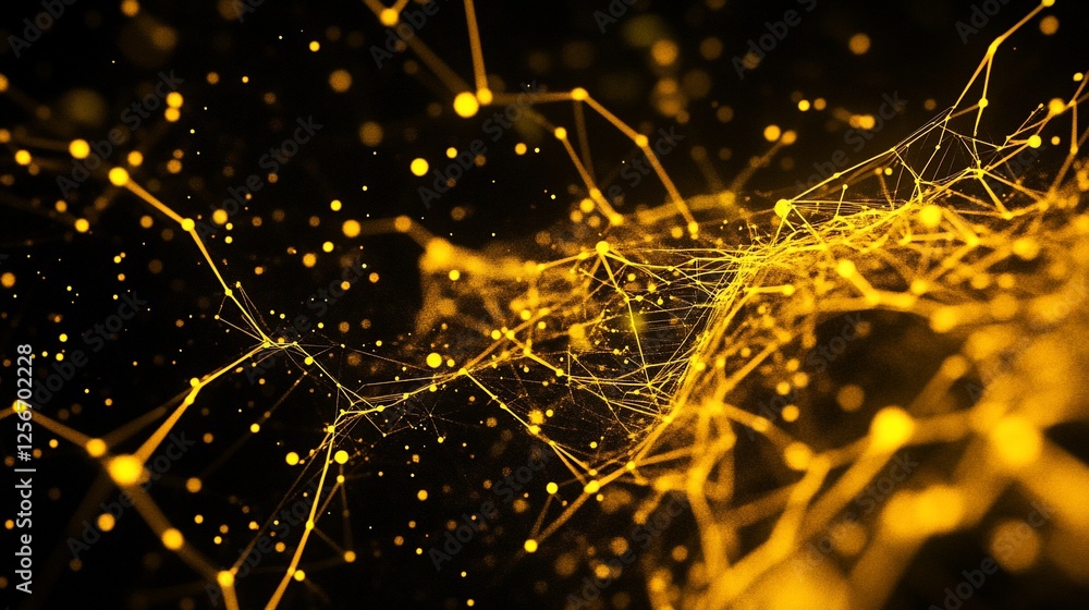 Poster abstract gold network connection lines and dots on black background.