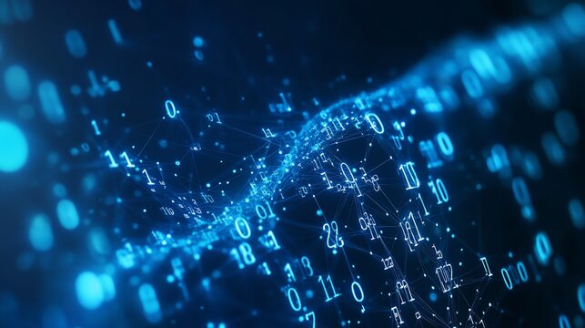 Abstract blue digital data stream with glowing numbers and connections.