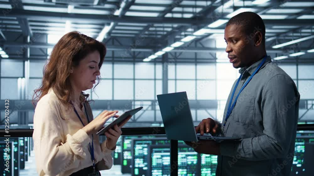 Poster system administrators using notebook device in data center, managing server virtualization. it speci