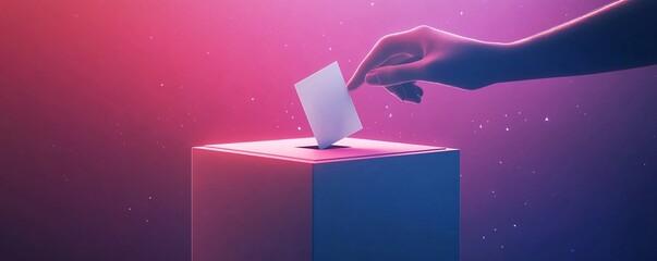 Hand dropping a blank voting ballot in a box during election day with a colorful background
