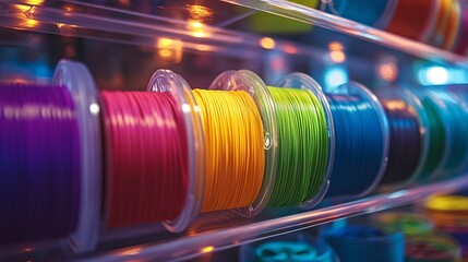 Assorted vibrant filament spools are neatly organized on a shelf, awaiting 3d printing enthusiasts