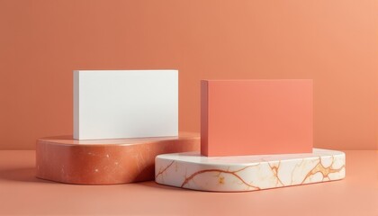 Two blank cards, one white and one peach, displayed on marble-textured podiums under warm peach light, combining minimalist aesthetics with geometric balance and soft design elements.