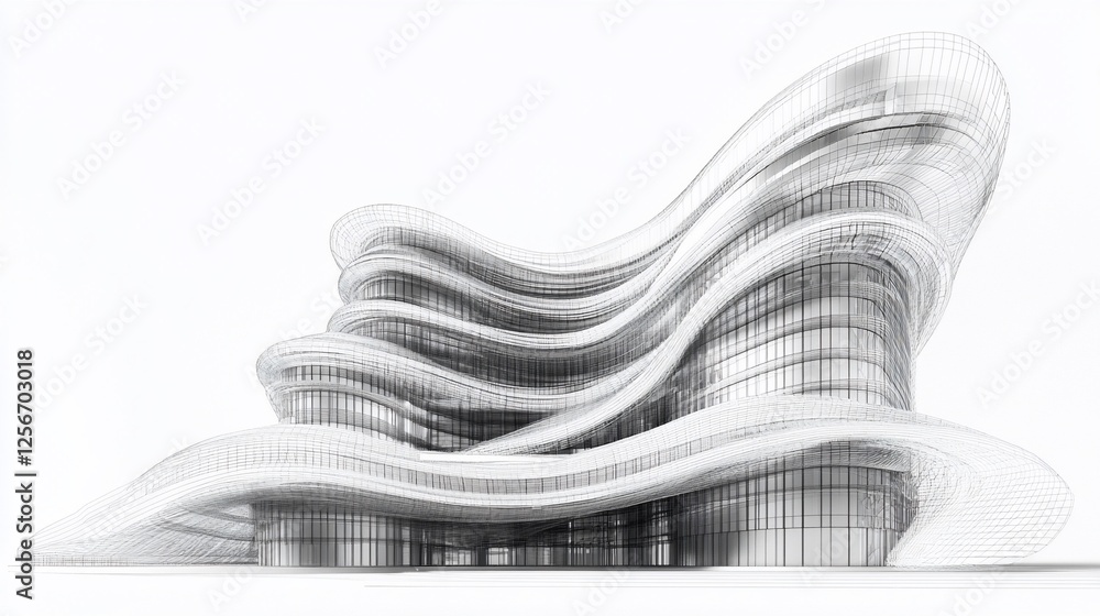 Poster futuristic architecture design sketch with wavy lines and glass windows in black and white