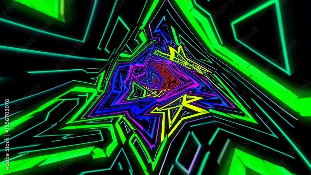 Poster glowing neon lines are rotating and creating a colorful tunnel with kaleidoscope effect, an abstract