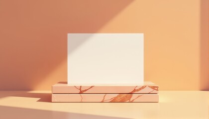 Blank card displayed on a layered marble-textured podium under warm ambient peach light, offering a clean, minimalist presentation perfect for modern design mockups.