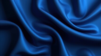 Rich blue silk fabric with dynamic folds and deep shadows, creating a visually captivating abstract texture with a soft sheen.