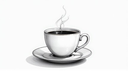 Steaming cup of coffee illustrated in minimalist black and white tones, resting on a saucer, emphasizing classic design, simplicity, and cozy warmth.