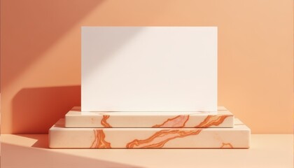 Minimalist mockup of a blank card displayed on layered marble-textured podiums, surrounded by warm, soft peach light and modern design aesthetics.