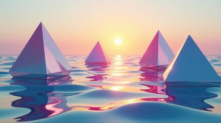 A group of geometric pyramids floating on glowing reflective water under a vibrant sunset, creating a surreal and peaceful scene of fantasy, light, and color harmony.