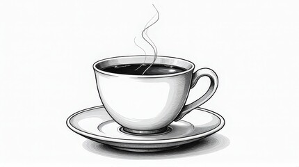 Black and white minimalist illustration of a hot coffee cup with steam rising, resting on a saucer, blending simplicity, elegance, and a classic cozy feel.