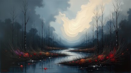 A winding river flows through a dark, foggy forest, surrounded by glowing pink elements and soft ambient light, creating a mysterious and surreal landscape.