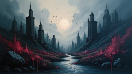 Mysterious dark cityscape with tall towers, glowing pink lights, and a river reflecting the ethereal glow of the twilight sky, blending fantasy, mystery, and surrealism.