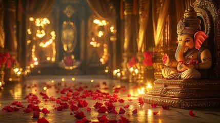 Fototapeta premium Ganesh Statue in a Lavish Indian Festival Hall with Golden Drapes, Rose Petals, and a Divine Light. Copy space. Generative AI