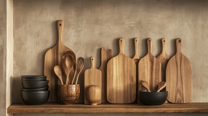 A wooden display shelf showcasing hand-carved wooden spoons, cutting boards, and artisanal kitchenware. Copy space.