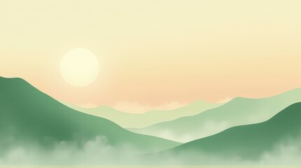 Layers of green hills and soft morning fog under a glowing sun, creating a dreamy, minimalist landscape with earthy tones and a tranquil, atmospheric ambiance.