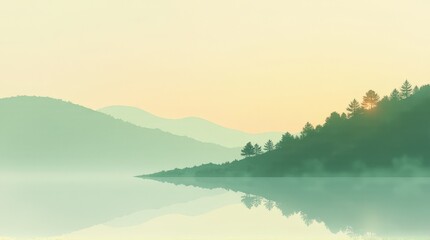 Tranquil misty lake reflecting green hills and distant trees under soft golden light, creating a peaceful, minimalist natural scene with gentle morning fog and serene waters.