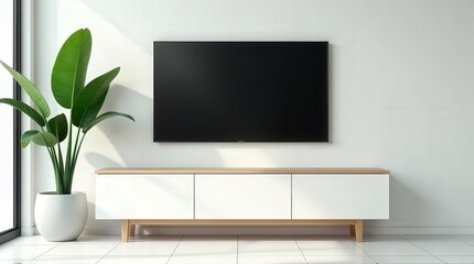 Minimalistic interior with a mounted TV and sleek white TV stand against a neutral wall, accompanied by a decorative potted plant and warm natural light.