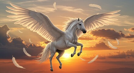 Fototapeta premium Majestic white pegasus soars through a vibrant orange sunset sky