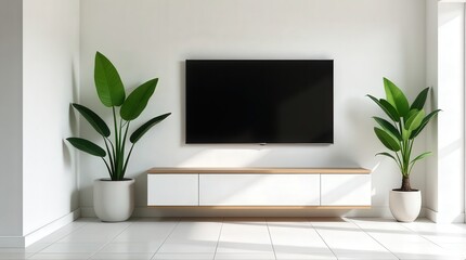 Modern minimalist living room featuring a wall-mounted TV, sleek white TV stand, and two decorative potted plants on either side, bathed in soft natural light.