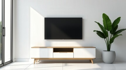Minimalist living room with a mounted TV, modern white TV stand, and potted plant, illuminated by natural light. Clean, simple interior design promoting a calm atmosphere.