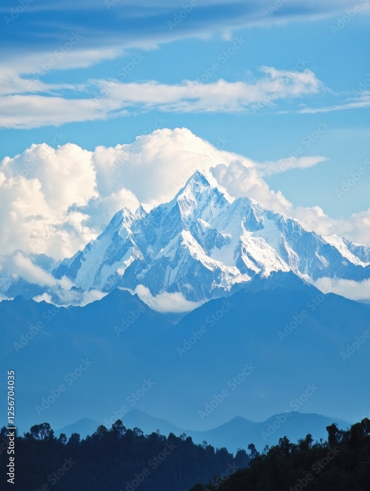 Aufkleber Majestic mountain range under soft clouds in a clear blue sky with ample space for creative text. Generative AI