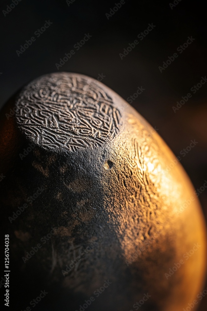 Poster close-up of an intricately carved dark metallic egg-shaped object, illuminated from the side, showin