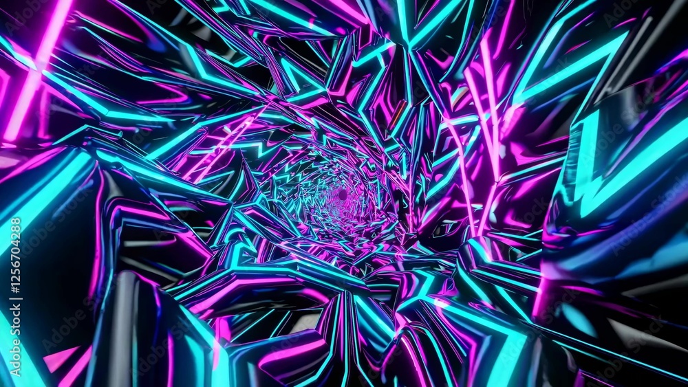 Poster vibrant neon tunnel rotating with glowing blue and purple lights, creating a mesmerizing and futuris