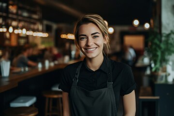 Fototapeta premium Smiling portrait of a young female Caucasian waitress in cafe