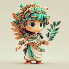 Adorable 3D Render of a Cute Green-Haired Angel-Like Figure Holding an Olive Branch