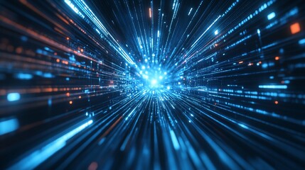Abstract digital tunnel with glowing lines and particles, representing high-speed data flow and futuristic technology.