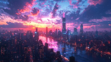 Fototapeta premium Magical Futuristic City Sunset View