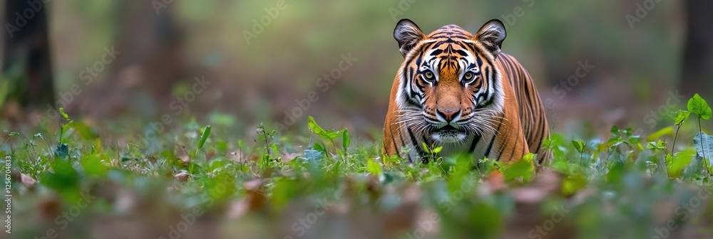 Poster majestic tiger portrait featuring an intense gaze in a lush forest setting during daylight hours. ge