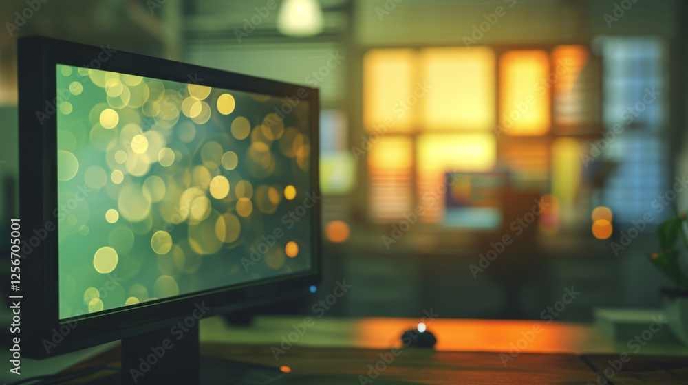 Poster a computer monitor on a desk, set against a background of softly blurred lights, evokes productivity