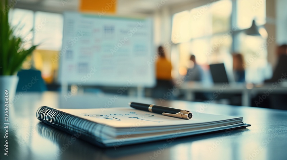 Poster notebook and pen on a table in a modern office with blurred background of a team meeting.