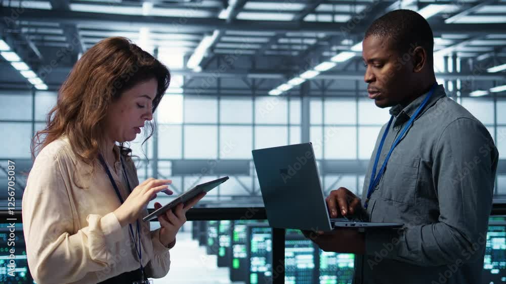 Poster team of technicians working in server farm, using laptops to analyze data. teamworking workers exami