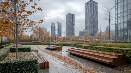 Fototapeta premium Modern city park with autumn leaves, benches, and skyscrapers in background on a cloudy day.