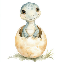 Cute watercolor clipart of an adorable baby dinosaur in a dinosaur egg looking