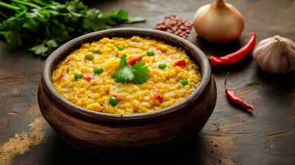 Traditional Indian khichdi with rice, lentils, and vegetables. Featuring a comforting and nutritious dish. Highlighting the texture and flavors of the khichdi. Ideal for food and cultural themes.