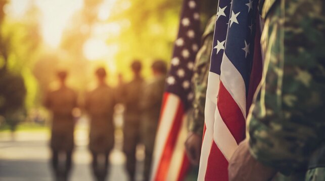 American military personnel display the united states flag in a sunset military ceremony