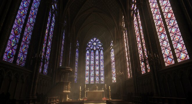 Interior of a gothic cathedral filled with stained glass windows