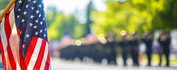 American flag waving in the foreground with police officers marching in the background