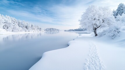 Snowy riverbank, winter landscape, footprints, serene scene, nature photography