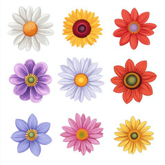 Set of Colorful Flower Illustrations with Different Petal Styles for Decorative Botanical and Nature-Inspired Art