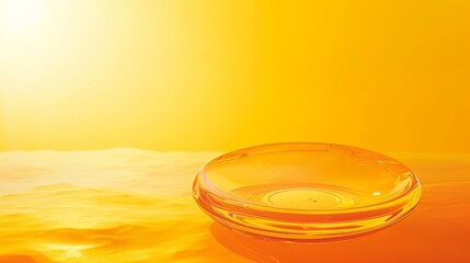 A minimalist shot of a translucent orange glass plate resting on a textured surface, bathed in warm golden light, evoking serenity and elegance. AI generated.