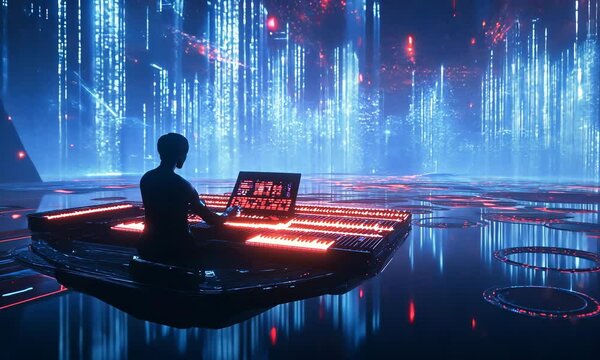Futuristic Figure Creating Music in Digital Landscape with Lights with ai generated