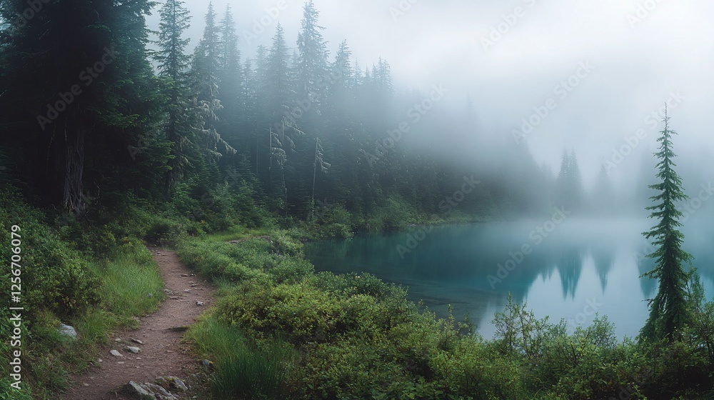 Wall mural Misty mountain lake trail.