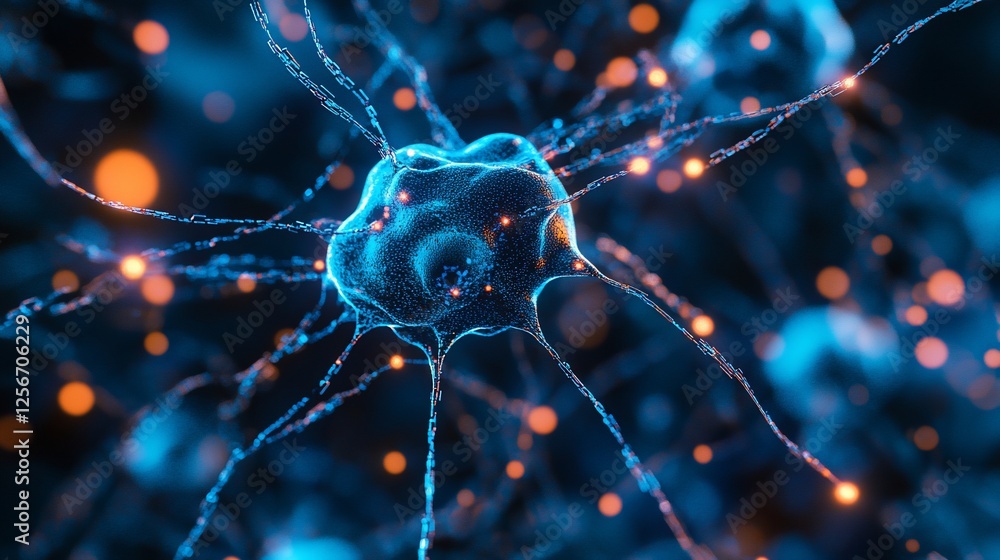 Poster microscopic view of a neuron with glowing synapses.