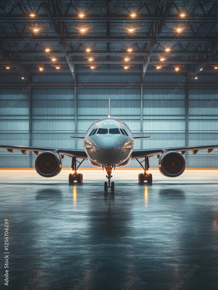 Poster modern airplane parked in a spacious hangar at a busy airport, ready for maintenance and servicing a