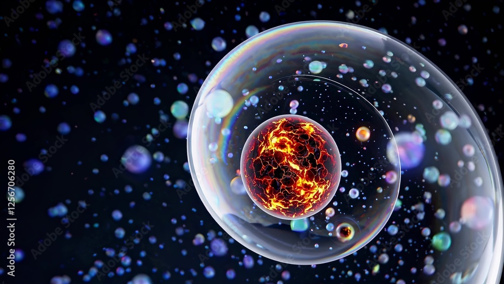 Poster floating in the vastness of space, a soap bubble encases a burning planet, surrounded by smaller bub